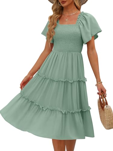 LILLUSORY Women Dresses Spring Summer 2026 Midi Graduation Bridal Baby Shower Casual Flowy Boho Sun Sundress Bridesmaid Brunch Cute Ladies Vacation Beach Smocked Teacher Clothes Outfits Sage Green L