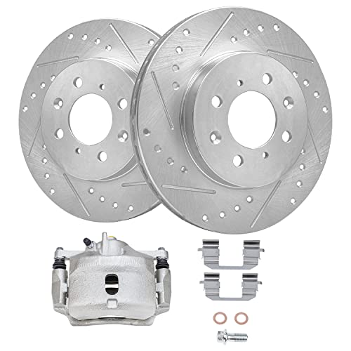 Image of Detroit Axle - 3pc Front Drilled Rotors Right Brake Caliper Replacement for 1996-2005 Honda Civic 2010-2014 Insight 1997-2000 Acura EL: 10.32'' inch Rotor