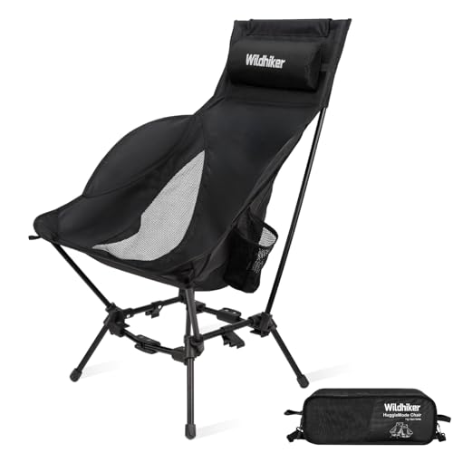 Wildhiker Compact High Back Camping Chair - Foldable with Dual Sitting Modes, Pillow, Arm Pads and Side Pockets - Lightweight Portable Chair for Motorcycle, RV, Festival, Travel - Black