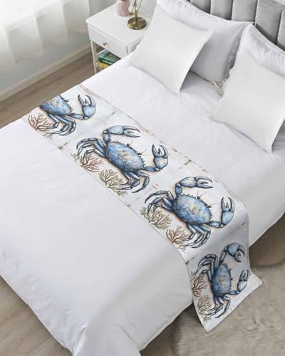 Yukro Bed Runner Scarf, Blue Crab Ocean Coral Vintage Nautical King Bed Scarf Runner, No Fading Decorative Bedding Scarf for Bedroom Hotels Homes and Guestrooms