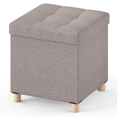 GIANTEX 45 cm Cubo di Stoccaggio Piccolo, Pouf Pieghevole in Tessuto Lino con Piano Tavolo e Gambe Sollevate, Poggiapiedi Multifunzionale e Pieghevole per Soggiorno, Ingresso, Casa (Grigio)
