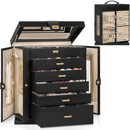 AKOZLIN Jewelry Box 6-Tier Organizer Functional 360° Rotating Jewelry Storage Case for Women Girls Ring Necklace Earring Bracelet Holder with Mirror