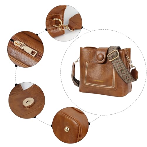 Image of Women Vintage Crossbody Shoulder Bag Pu Leather Bucket Hobo Bag Multipockets Handbag Purse with Guitar Strap