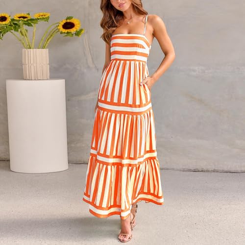 Image of Yuemengxuan Boho Maxi Dresses for Women Spaghetti Strap Flowy Smocked Long Dress Casual Summer Vacation Beach Maxi Dress