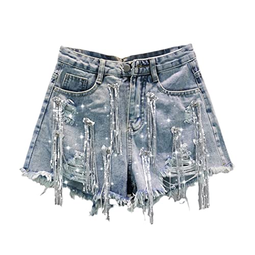 Short d'été pour femme taille haute galbante style streetwear bleu à franges S