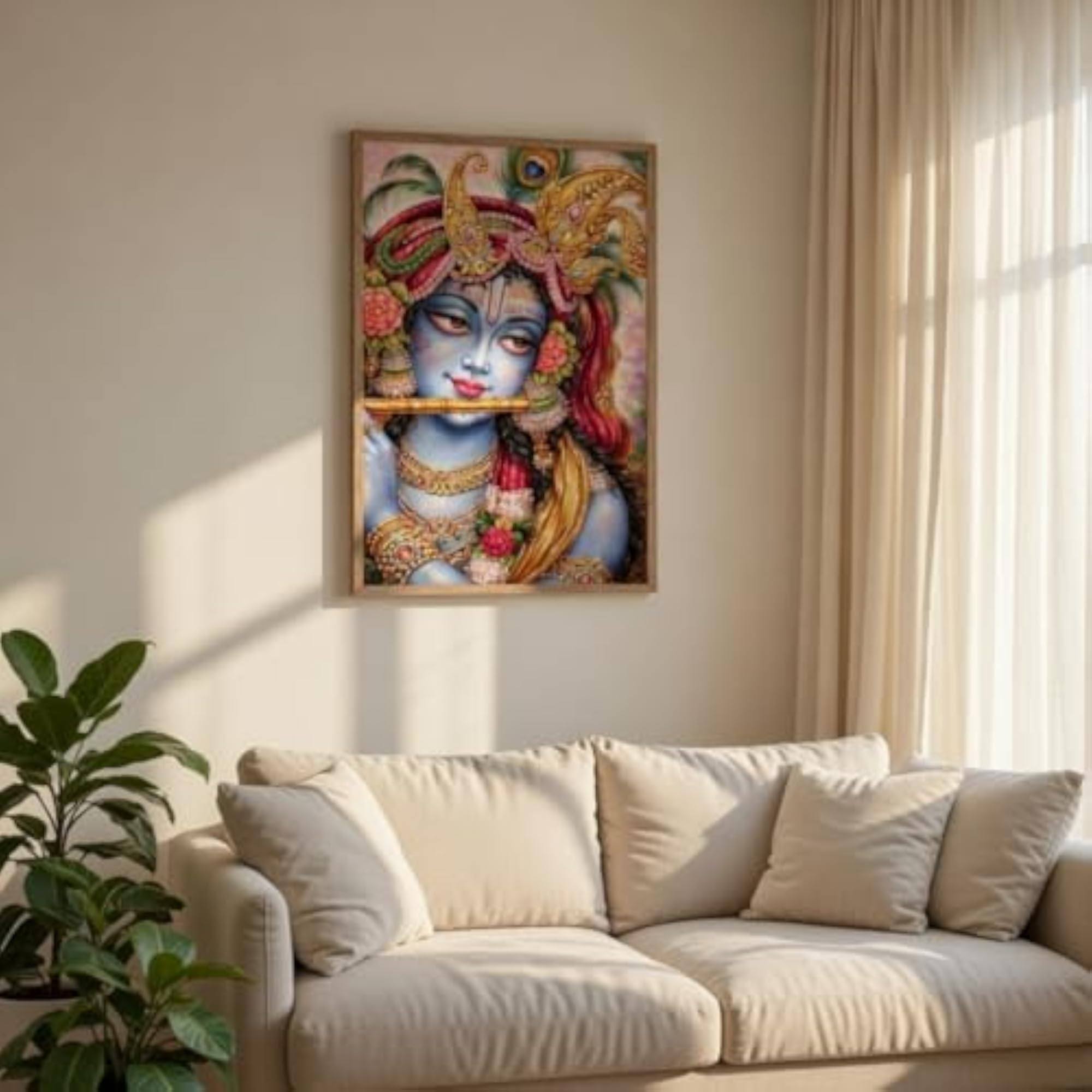 Lord Krishna Flute Wall Art with Wooden Frame