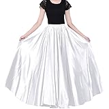Ladies 90cm Satin Maxi Midi Skirt Long Dress Elastic Waist for Belly Dance Princess Party Cosplay Costume White