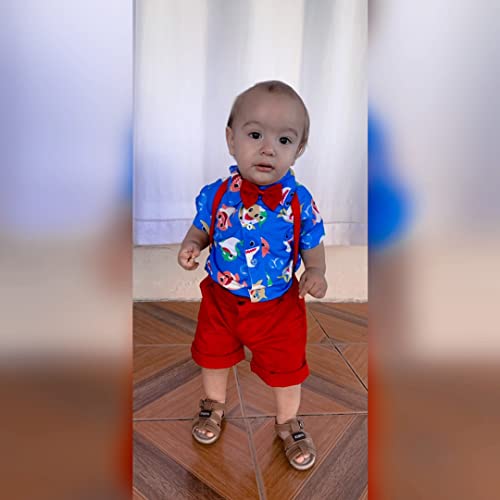 Baby Shark Kit Roupa Conjunto Infantil Menino 4 Peças Camisa Gravata Bermuda e Suspensório Aniversár