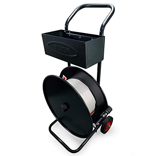 Image of IDL Packaging Strapping Cart & Dispenser for Cord Strapping (16 inch x 3 inch Core) | CA-248 for Woven Cord Coils - Durable Steel Tube Frame and Rubber Wheels - Built-In Tray for Cutter, Buckles, & Gloves