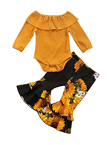 Image of Mioliknya Newborn Baby Girl Clothes Sets Ribbed Ruffle Long Sleeve Romper Top Flare Pants Headband Fall 3PCS Outfit (C-black, 0-3 Months)