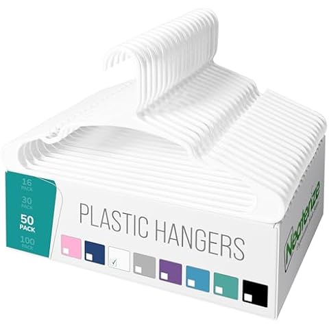 NEATERIZE Clothes Hangers Plastic 50 Pack for Adults - Plastic Hangers, The Perfect Coat Hanger and Space Saving Clothes Hangers for Closet, Percheros Ganchos para Colgar Ropa Hangars - White Hangers Cover