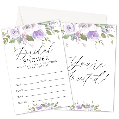 HMJKL Wedding Shower Invitations, Purple Floral Bridal Shower Party Invites With Envelopes For Couple, Engagement Banquet Party Celebration Decorations Supplies, 25 Pack -A06