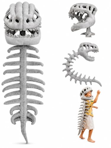 Dinosaur Skeleton Costume, Plush Dino Skeleton Wearable with 3D Spinosaurus Skull Mask and Spine, Soft Dinosaur Costume for Halloween Cosplay Party Gift (Gray 29.5in)