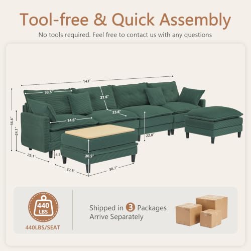 Image of 140.9 inch U-Shaped Modern Sofa Modular Sectional Cloud Couch with 2 Storage Ottoman Coffee Table, 4-Seat Corduroy Deep Seat Sofa with Throw Pillows for Living Room, Bedroom, Office, Green