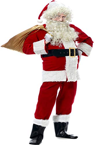 11 Pcs Santa Suit, Men's Deluxe Santa Suit Christmas Ultra Velvet Adult Santa Claus Costume