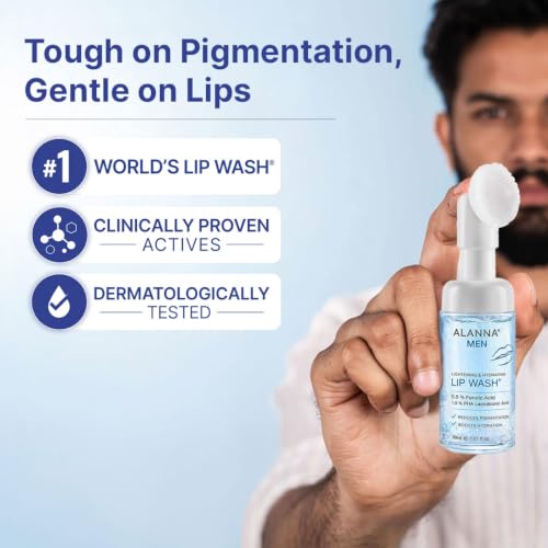 Image of ALANNA Lip Wash for Men | Advanced Foaming Lip Scrub & Exfoliator for Dry, Dark & Lip Pigmentation | Remove Chapped Lips & Sun Tan | 1% PHA & .5% Ferulic Acid - Brightening Lip Care for Smokers, 30ml