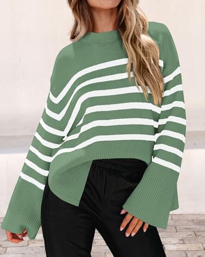 Image of KIRUNDO Women's Striped Knit Oversized Fall Sweaters 2026 Trendy Clothes Crewneck Winter Pullover Sweater Side Split