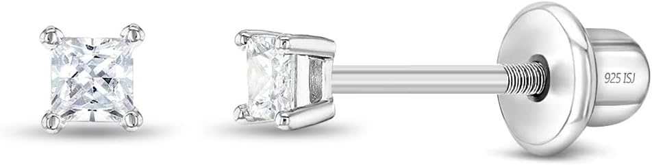 In Season Jewelry Princess Square Cut Kids Earrings - 925 Sterling Silver Hypoallergenic Earrings for Girls with Safety Screw Backs - Safe & Comfortable for Toddlers, Kids & Little Girls, 2mm-5mm