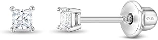 Princess Square Cut Kids Earrings - 925 Sterling Silver Hypoallergenic Earrings for Girls with Safety Screw Backs - Safe & Comfortable for Toddlers, Kids & Little Girls, 2mm-5mm