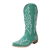 HINDOLA Cowboy Boots for Women Mid Calf Western Cowgirl Boot Embroidered Square Toe Fashion Chunky Block Heel Classic Boots