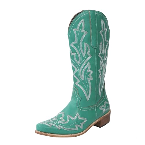 HINDOLA Cowboy Boots for Women Mid Calf Western Cowgirl Boot Embroidered Square Toe Fashion Chunky Block Heel Classic Boots