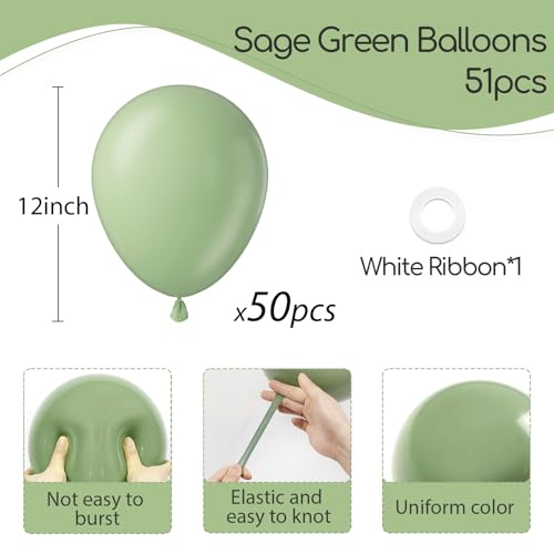 Image of Sage Green Balloons 12 inch, Light Pastel Green Latex 50pcs Party Balloons | Wedding, Bridal Shower, Baby Shower, Birthday Party Decorations