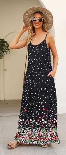Image of Supnier Women's Summer Maxi Dress Casual V-Neck Sleeveless Bohemian Spaghetti Strap Floral Long Maxi Dress with Pockets