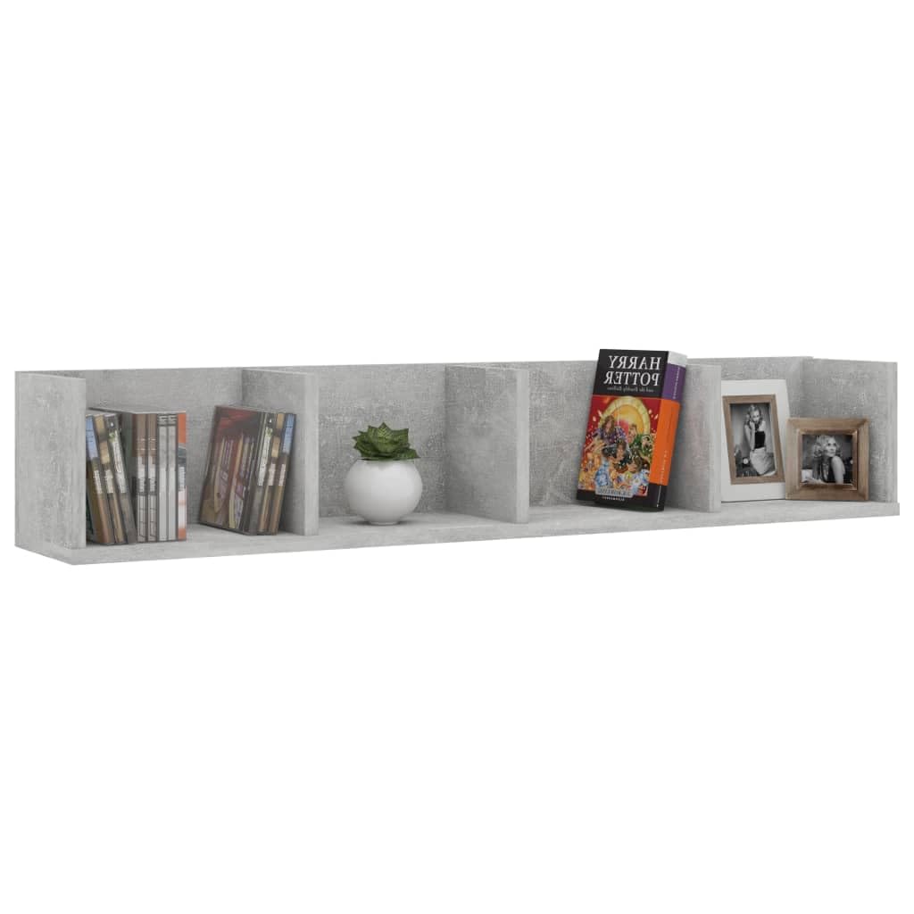 Scaffale da parete per CD, grigio cemento, 100 x 18 x 18 cm, scaffale per DVD montato a parete in legno con 4 scomparti, mensola sospesa per collezioni musicali, dischi in vinile e accessori