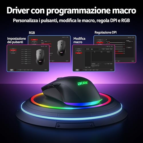 Acer Mouse Gaming Wireless, 24.000 Dpi, Dual Mode (2,4G+ Cablato) Con 8 Pulsanti Programmabili, Ambidestro, Mouse Da Gioco Con Illuminazione Rgb, Ricaricabile Per Pc E Desktop - 6