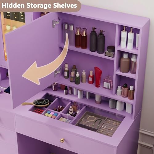 Image of Makeup Vanity Desk with Mirror and Lights, Purple Vanity with Glass Top, Jewelry Storage, Power Outlets, 3 Drawers & 2 Cabinets, Adjustable LED Lighting, Dressing Table for Women & Girls Bedroom