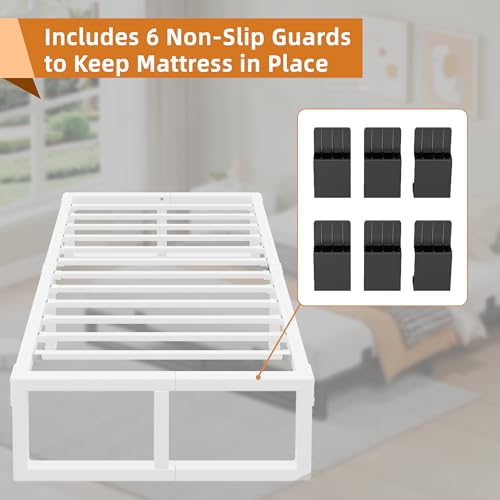 Image of 14 Inch Metal Twin Bed Frames with Stable Steel Support, Noise-Free | Easy Assembly, Underbed Storage, U-Shaped Groove, 6 Mattress Baffles, No Box Spring Needed, Rubber Pads, Squeak Free, White