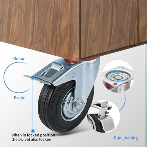RRIUTO Schwerlastrollen 125mm mit Bremse, 4 Lenkrollen Doppelverriegelung Tragkraft 400KG, Leise Transportrollen 360° Drehung für Werkbänke, Möbelrollen Gummi Industrierollen für Tisch, Trolley