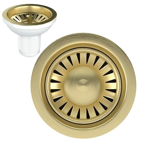 Image of Excel Home Kitchen Sink Waste Kit, 90mm Sink Waste Strainer with Round Drain Cover - Without Overflow Pipes - (Brushed Brass)