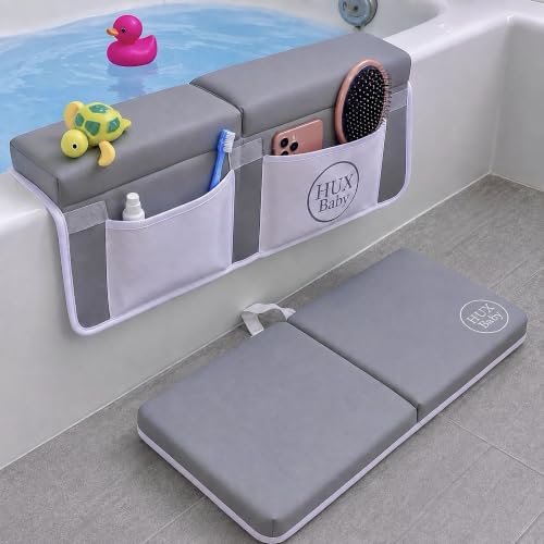 Image of Comfortable Baby Bath Kneeler and Elbow Rest Pad Set, Non-Slip Bathtub Kneeling Pad for Bathing Baby, Bath Tub Cushion Mat, Elbow Pads, Toy Organizer Storage Pockets, Strong Suction Cups