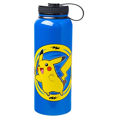 Silver Buffalo Pokemon Pikachu Lightning Bolt Stainless Steel Water Bottle With Twist Lid, 42 Ounces