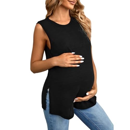 OYOANGLE Maternity Tank Top Summer Sleeveless Crewneck Pregnancy Shirts Side Split Pregnant Clothes
