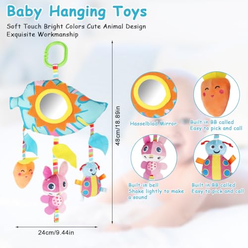 Image of SNOWIE SOFT Baby Toys for 6 to 12 Months Hanging Plush Cartoon Crib Toy with Mirror, Rattles and Stuffed Plush Toy Pendants, Soft Crib Stroller Car Seat Sensory Stuffed Toys New Born Baby Gifts