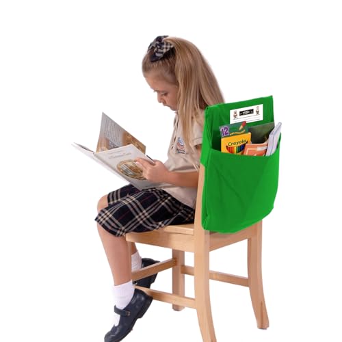Image of Seat Sack Student Chair Storage Pocket - 17 inch, Single Pocket, Classroom Chair Organizer for Student Desks, Durable Over-the-Chair Storage, Ready-to-Use Name Tag Window, Green, 1-Pack