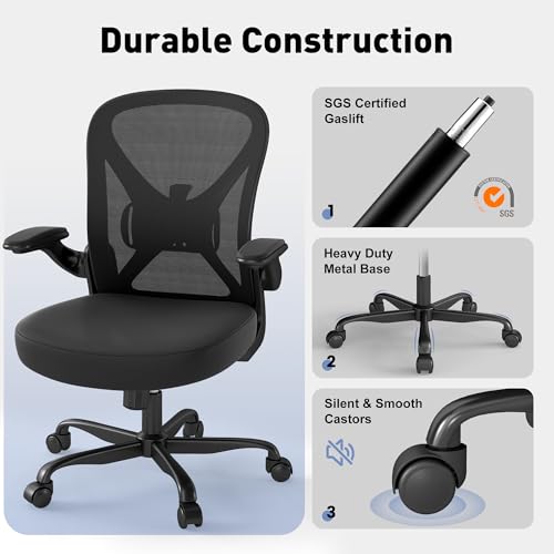 Ergonomic Office Chair with Adjustable Lumbar Support, Mesh Home Office Desk Chair with Flip-up Arms and Wheels, Black image 7