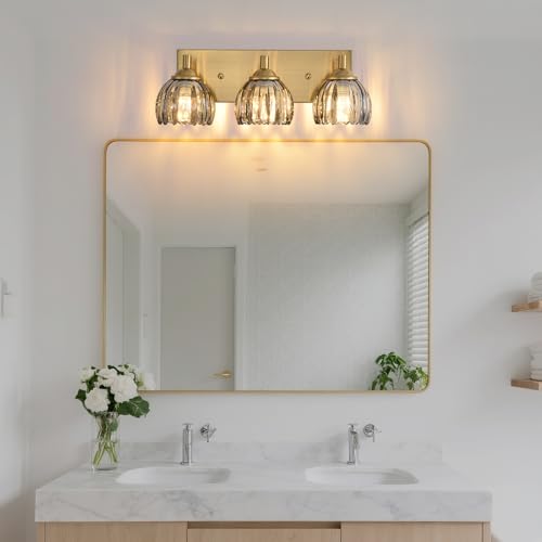 Image of Bathroom Vanity Light Fixtures, 3-Light Brushed Gold Bathroom Light Fixtures Over Mirror, Antique Wall Lights with Smoke Gray Glass Tulip Light Shade for Mirror, Kitchen, Hallway, Cabinet, Porch