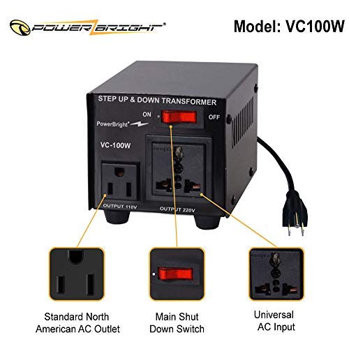 PowerBright Step Up & Down Transformer, Power ON/Off Switch, Can be Used in 110 Volt Countries and 220 Volt Countries, Convert from 220-240 Volt to 110-120 Volt & from 110-120 Volt to 220-240 (100W)