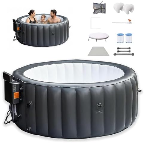 3 to 4 Person Inflatable Hot Tub, 71″ x 28″ Portable Outdoor Spa, with 150 AirJets, Water Circulation Heating, Heats Up to 42°C/104°F, for Indoor/Outdoor, Patio & Garden