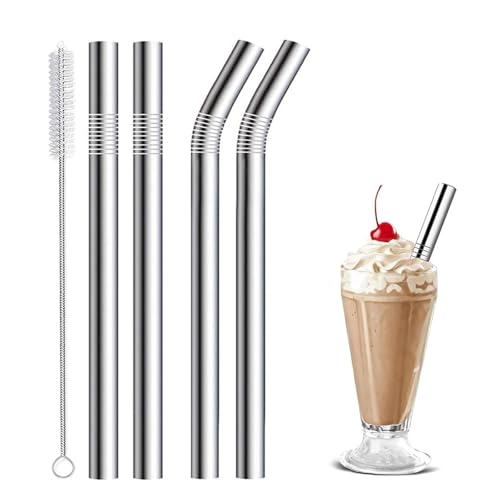 4 Pcs Silver Metal Straws, Reusable Straws with 1 Tube Cleaner, Stainless Steel Drinking Straws, Straight & Bent Designs for Milkshake, Smoothie, Water, Juice, and Thick Beverages