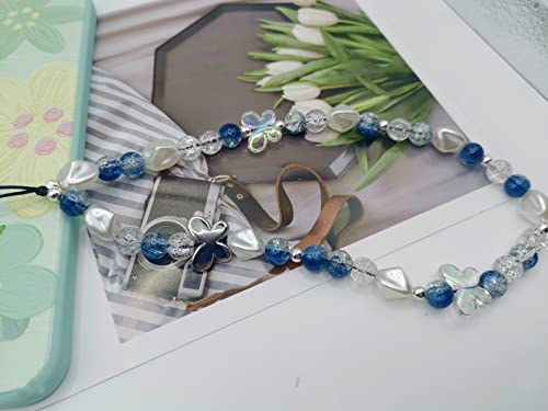 Meefisher Blue Butterfly Beaded Phone Charm Cute Butterfly Charms Y2K Cell Phone Lanyard Strap Handmade Acrylic Flower Wrist Beads Chain Sweet Gifts For Girls Women #TOP1