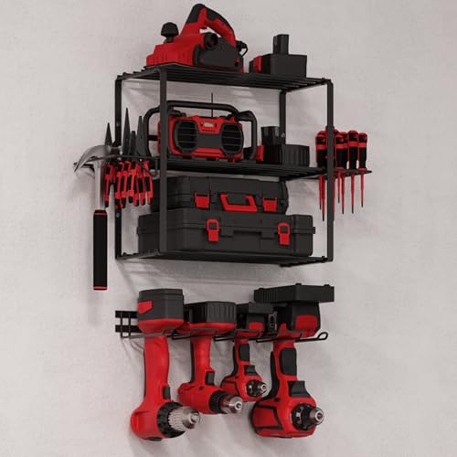Image of Power Tool Organizer - 4-Tier Garage Shelving Unit with 140lb Max Capacity - Wall Mount Garage Storage System for Tools by Stalwart