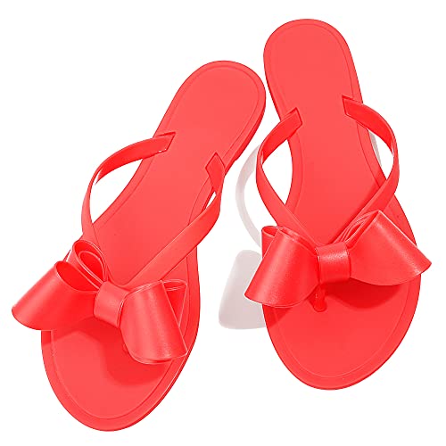 Image of TYFLOVE Women Rivet Flip Flops Studded Jelly Thong Sandals with Bow Summer Bowtie Flat Beach Rain Shoes