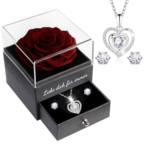 Sunia Ewige Echte Rose mit Herz Halskette und Ohrringe aus 925 Sterlingsilber,Geschenke für Frauen Freundin Mama Oma,Infinity Rosen Geburtstag Weihnachten Valentinstag Muttertag,Ewige Rose mit Kette