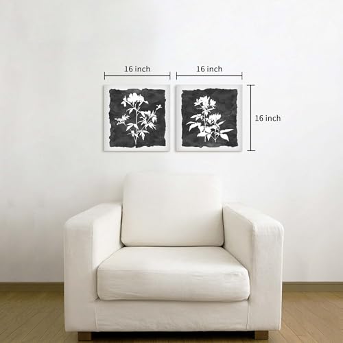 Floral Botanical Canvas Wall Art: 2 Piece Black and White Flower Picture Prints Minimalist Plant Painting Leaf Artwork for Bathroom by WALLSUP DECOR - Used condition - Image 2