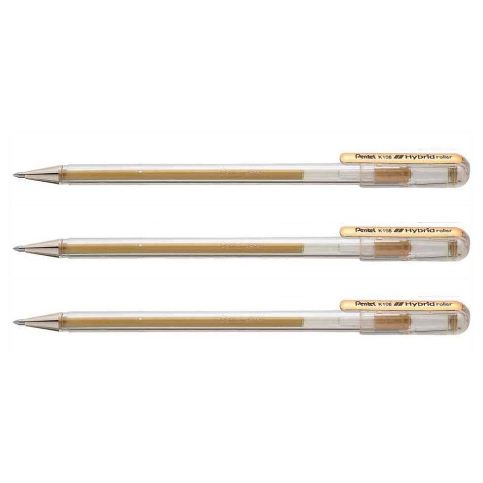 PENTEL Lote de 3 patines de tinta de gel metálico Hybrid roller K108, color dorado