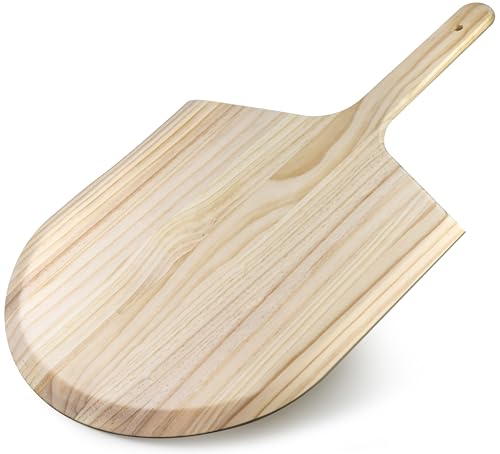 KitchenDine Wooden Pizza Peel, 16 x 14 inch Blade with 8 inch Handle, Pinewood, 24 inch Overall Length with Tapered edge with hole on the end of the handle. (1)